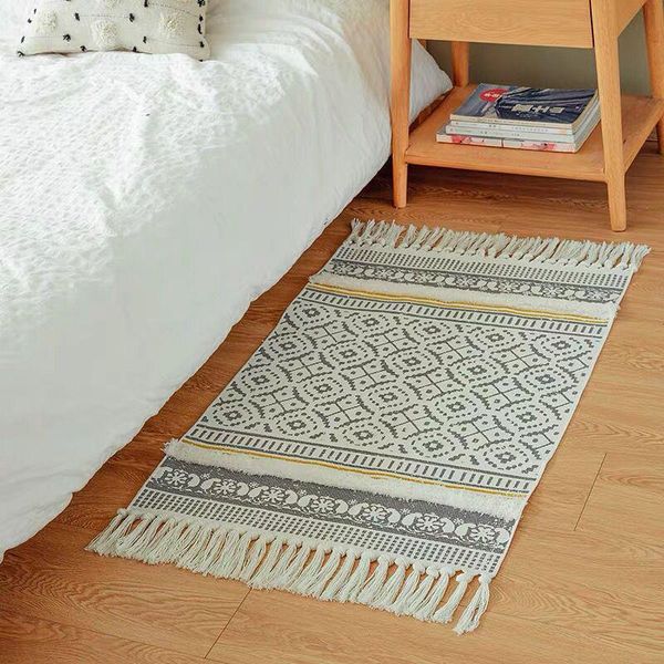 

carpets nordic retro carpet cotton linen hand woven and rugs for living room bedroom anti slip geometric floor mat with tassel