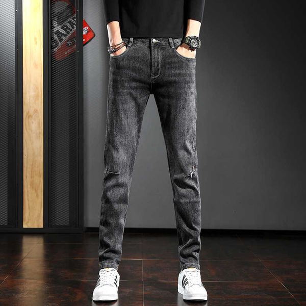 

men's jeans korean style black-gray brem pants fine pencil adjustment 3s6m, Blue