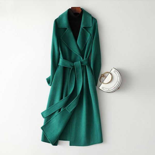

women's wool & blends 2021 autumn winter women elegant long coat with belt female solid color sleeve chic outerwear ladies overcoat l74, Black