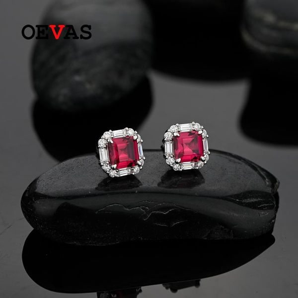 

stud oevas 100% 925 sterling silver 6*6mm ruby high carbon diamond 18k gold plated earrings for women sparkling fine jewelry, Golden;silver