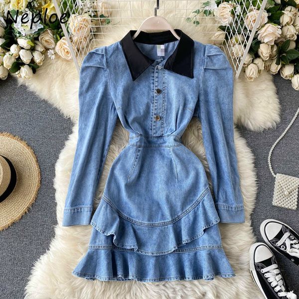 

neploe turn-down collar cascading fuffle retro denim dress chic button puff sleeve femme vestidos high waist dresses women 210423, Black;gray