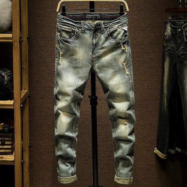 

style fashion men jeans retro wash destroyed ripped slim fit denim pants streetwear classical designer men's, Blue