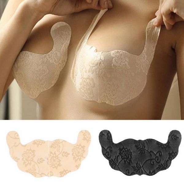

women self adhesive strapless front closur blackless solid bra lace stick gel push up women's underwear invisible big size gym clothing, White;black
