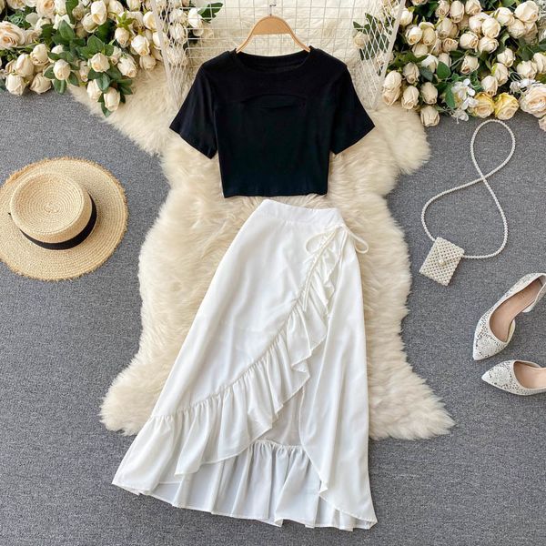 

singreiny women summer korean set design hollow short sleeve short +chic high waist irregular ruffles skirt two piece suits 210419, White