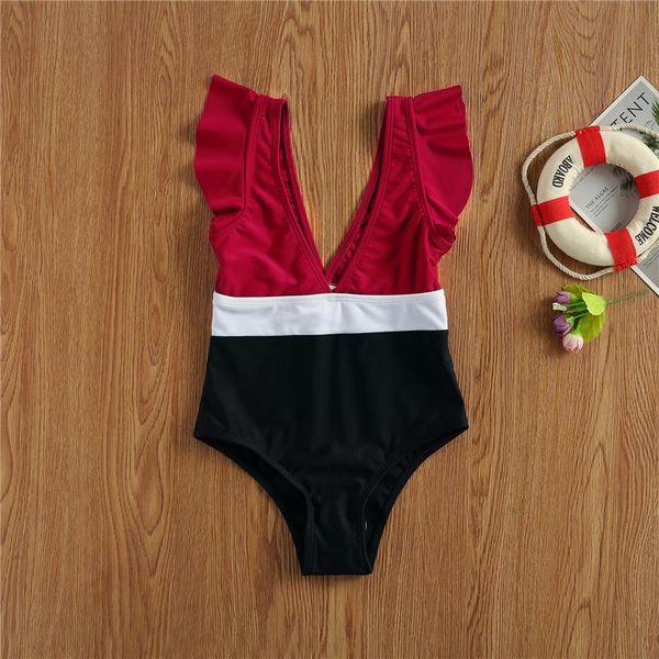 

kid baby girl bikini swimsuit one-piece deep v neck sleeve black red patchwork bodysuit swimwear swimming bathing suit one-pieces