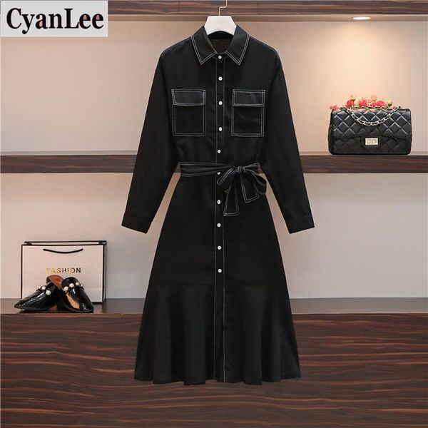 

casual dresses plus size dress women black elegant mermaid autumn 2021 long sleeve pockets loose ruffle shirt 4xl, Black;gray