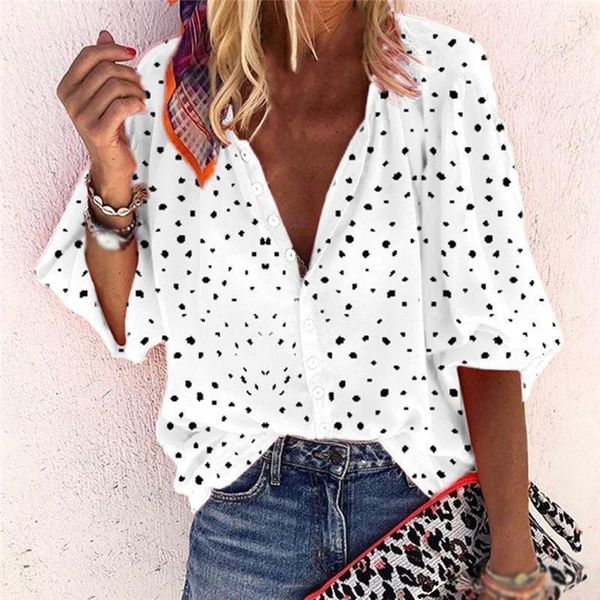 

casual lantern sleeved lapel shirt loose women polka dot print blouse famale elegant v-neck roupas blusa feminina women's blouses & shi, White