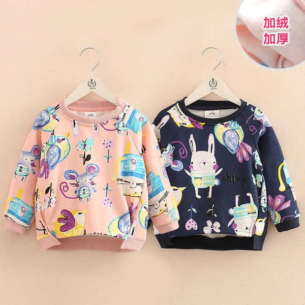 Herbst warm koreanisch 2 3 4 6 8 10 Jahre lang Ärmel Cartoon Tier Hoodies plus Velel Winter Sweatshirts für Kinder Baby Mädchen 210529