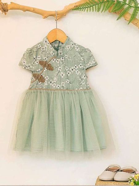 

baby floral embroidery mandarin collar mesh dress she, Red;yellow