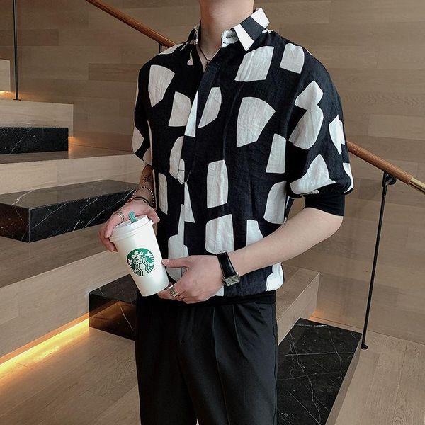 

summer pullover shirt men's fashion printed casual men streetwear korean loose short-sleeved mens dress -3xl shirts, White;black