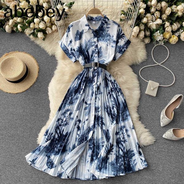 

women print dress korean turn down collarshort sleeve a-line dresses spring casual retro streetwear midi dress 210715, Black;gray