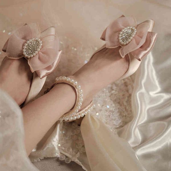 

slippers pointed pearl bowknot low heel thick single shoes summer silk bridal wedding banquet dress women sandals iis1, Black