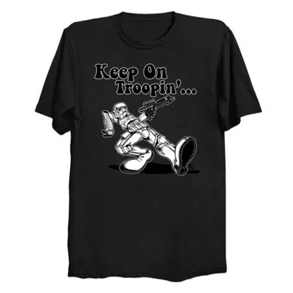 

Space Wars Trooper Keep On Troopin' Trump Movie Political Parody Black T-Shirt, White;black