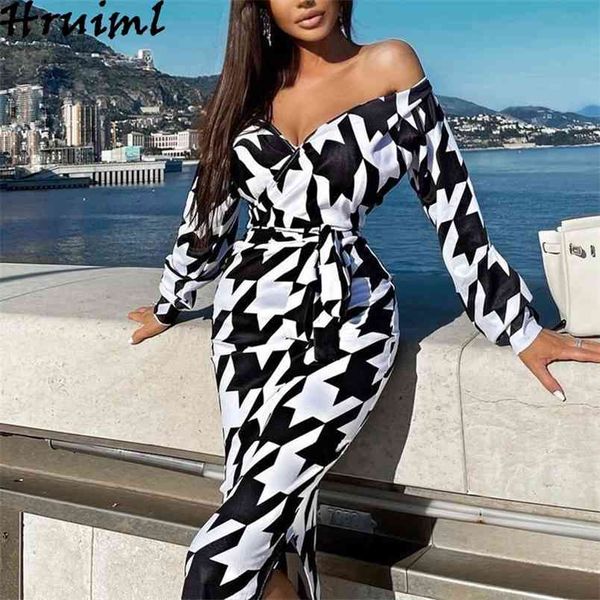 

long sleeve dress women v neck houndstooth print fashion elegant party off shoulder hem split streetwear midi female 210513, Black;gray