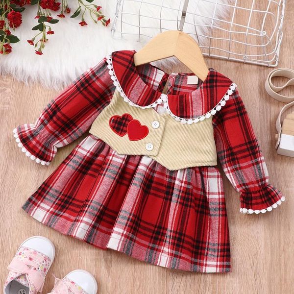 

girl's dresses baby girl dress born fashion plaid doll collar long sleeve vest girls sweet princess spring fall 0-18m, Red;yellow