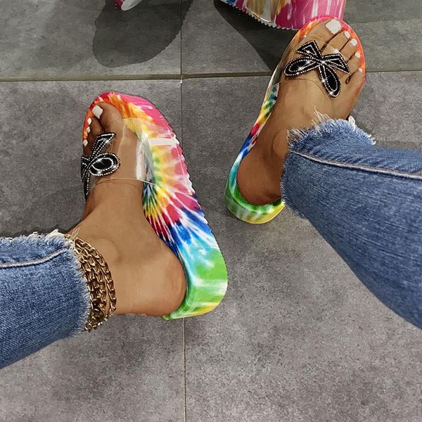 

slippers 2021 summer platform rainbow transparent women's print colorful flat beach shoes fashion footwear female slides 36-43, Black