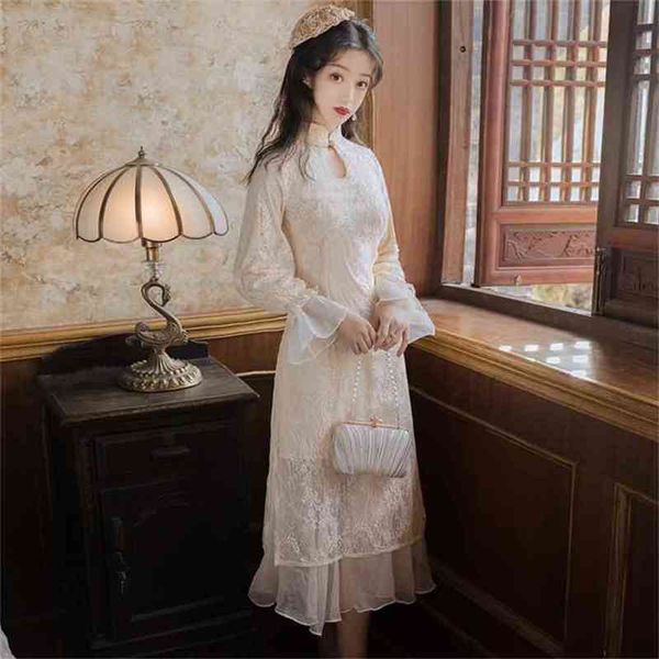 

mid-calf beige lace long women dress elegant full sleeve fairy fit and flare cheongsam evening party dresses summer 210603, Black;gray