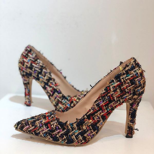 

9cm high heels shoes women 2022 fashion cotton fabric pointed-toe slip-on stilettos for girls party wedding black pumps shoes plus size 11 w
