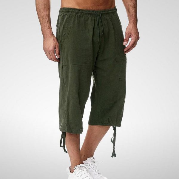

summer pants men vintage cotton linen loose wide leg cropped trousers drawstring elastic waist calf-length casual pant men's, Black