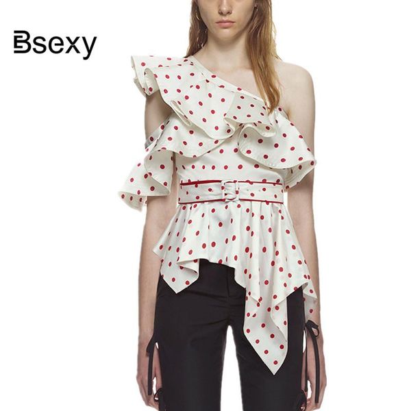 

women's blouses & shirts women tunic 2021 self portrait blouse summer ruffle one off shoulder polka dot irregular blu, White