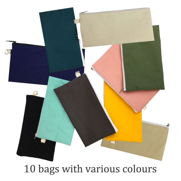 

10pcs coloful blank canvas zipper pencil cases pen pouches cotton cosmetic bags makeup bags mobile phone clutch bag organizer 220310
