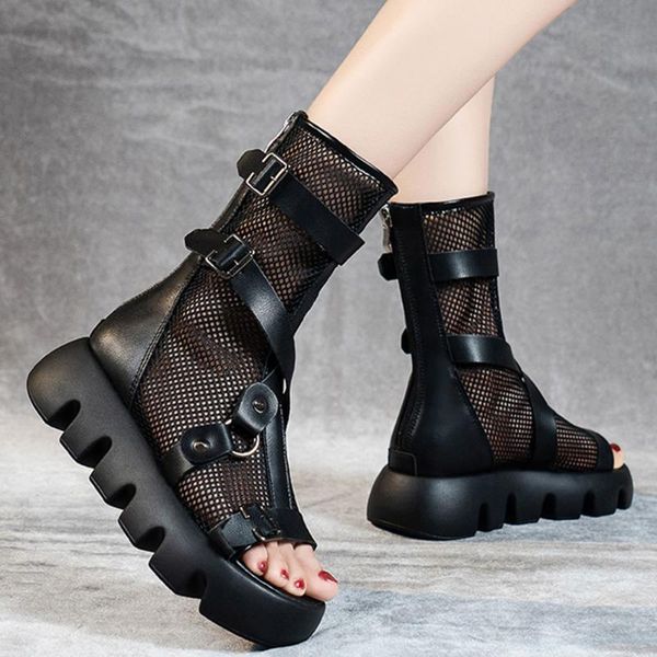 

summer for dropship fashion gladiator gothic cosplay open toe chunky mesh breathable platform sandals wedges shoes women dress, Black