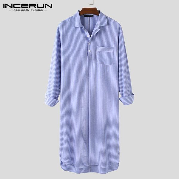 

fashion men robes striped leisure lapel long sleeve button comfortable homewear nightgown mens bathrobes sleepwear s-5xl incerun men's, Black;brown