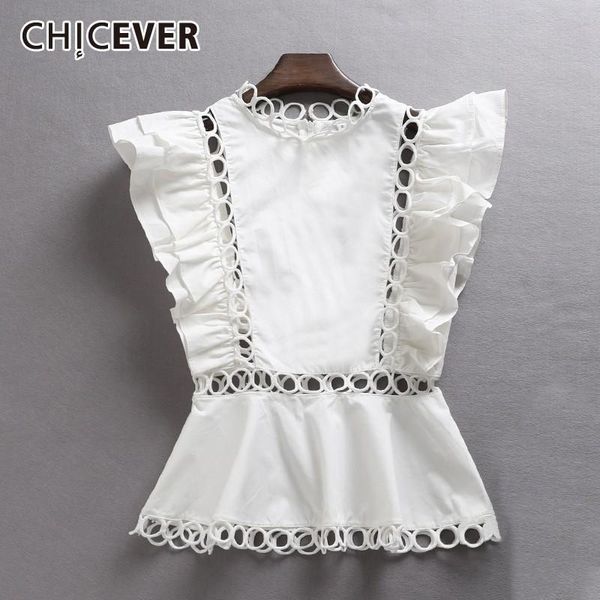 

women's blouses & shirts chicever ruffles sleeveless hollow out shirt patchwork dress woman high waist blouse for women fashion casual, White