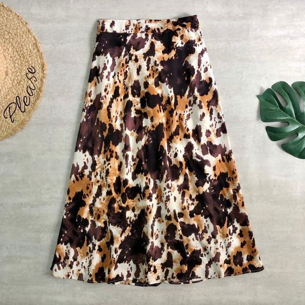 

spring summer women midi skirt tie dye painting vintage style a-line high waist chiffon graphic printing long skirts, Black