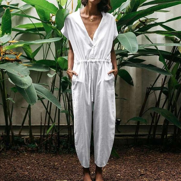 

women's jumpsuits & rompers s 5xlsummer women drawstring zanzea casual vintage solid short sleeve turnip overalls female long playsuits, Black;white