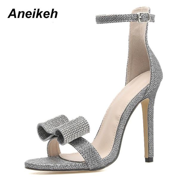 

aneikeh 2021 fashion rhinestone butterfly-knot buckle thin high heels open toe gladiator dress sandals lady shoes, Black
