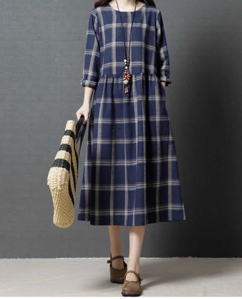 

new arrival women long sleeve o neck plaid blue cotton loose linen dress girl vintage casual dresses autumn spring y1006, Black;gray