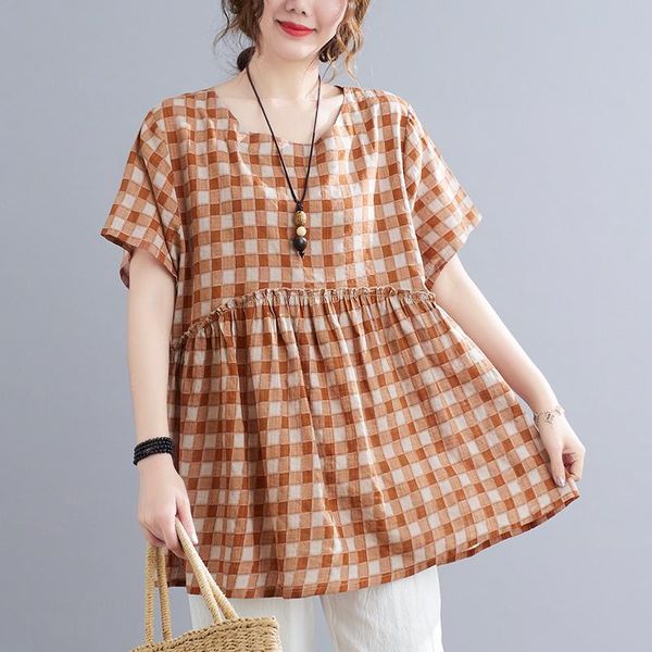 

women's blouses & shirts 2021 summer women korean cotton linen short sleeve shirt femme casual o-neck loose clothing blouse j045, White