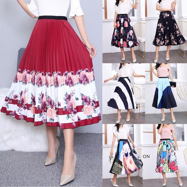 

fashion skirt women elastic waist pleated printed cartoon large hem a-line skirts, Black