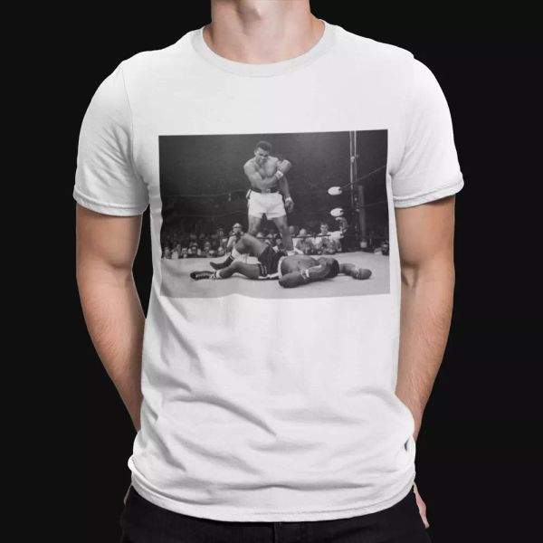

muhammad ali t-shirt knocked out sonny liston retro heavy weight champion tee, White;black