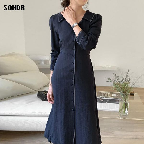 

casual dresses korean fashion vintage long sleeve over the knee shirt dress 2021 spring autumn women's clothing one-piece lapel femme, Black;gray