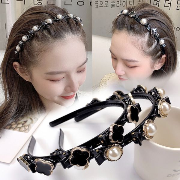 

plastic resin headband with clips fashion braided headbands double layer twist plait hair tools hairpin for bangs, Black;brown