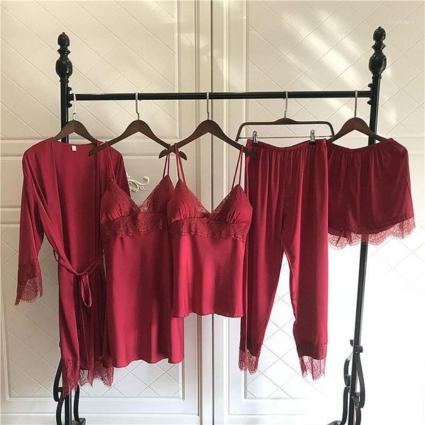 

pajamas women's spring and autumn winter ice silk five piece suit style nightdress nightgown thin suspender bra two pants, White