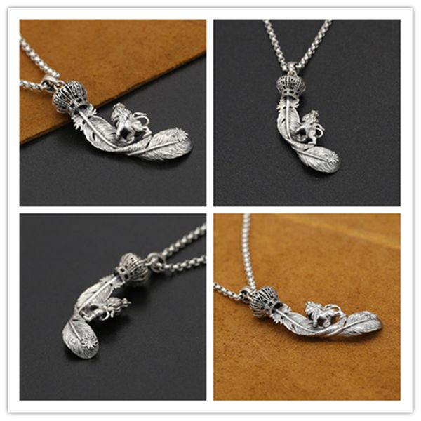 

925 sterling silver handmade feather & lion pendants designer jewelry antique silver crosses necklace pendants 2-tone colors without chain
