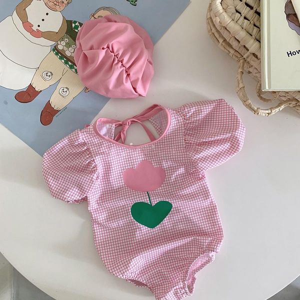 

one-pieces 8185 children swimsuit girls summer clothes beach wear 2021 girl's plaid one-piece children's flower sunscreen, Black