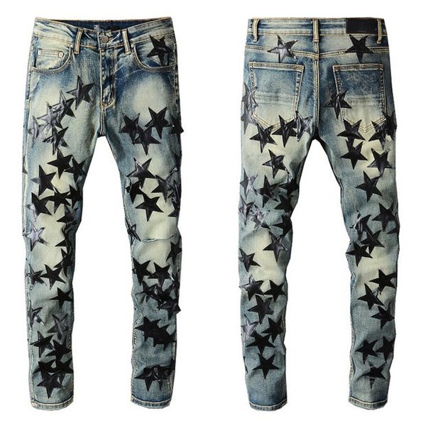 Jeans masculino Jeans de grife para homem Atacado Marca White Stars Casual Personalizado Rasgado Distressed Slim Retro Holes Skate Straight Moto Biker Jeans Pant