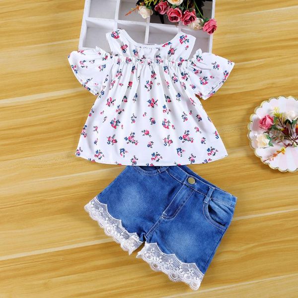 

clothing sets #vw born infant baby girls off shoulder print shirt+denim pants outfits summer kids, White