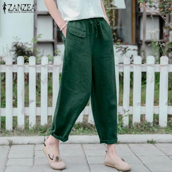 

women's pants & capris vintage women zanzea 2021 summer wide leg cotton linen casual solid elastc waist ladies pockets oversized pantal, Black;white