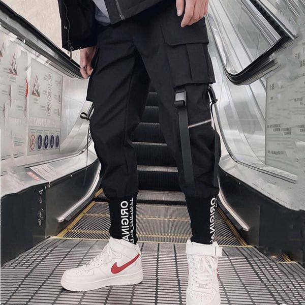 

cargo pants hip hop streetwear multi pockets harem male joggers trousers fashion harajuku for men 2021 men's, Black