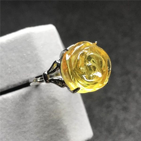 

cluster rings 13mm natural flower carved yellow amber ring jewelry for woman man crystal beads silver stone fashion adjustable, Golden;silver