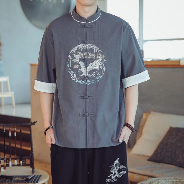 

men's casual shirts large size embroidery men shirt chinese style tang suit half sleeve male oversize 5xl, White;black