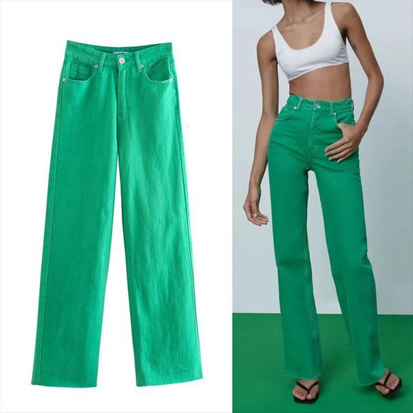 

za green wide leg jeans womens capri high waist casual zipper button summer straight denim trousers, Black;white
