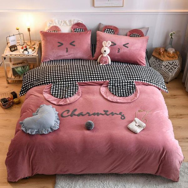

bedding sets cute girl set bear ears embroidery winter fleece flannel velvet duvet cover lattice bed linen pillowcases fitted sheet