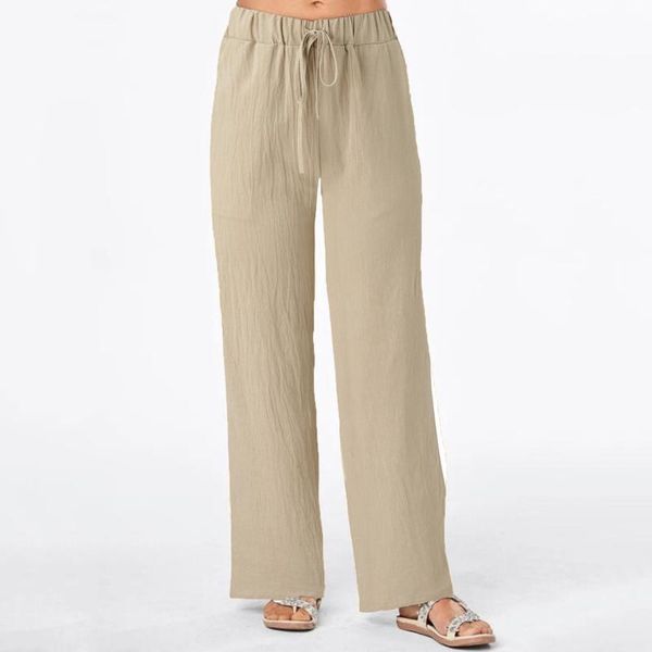 

women's pants & capris summer wide leg with pocket solid color casual elastic waist cotton linen ladies loose street trousers #g1, Black;white