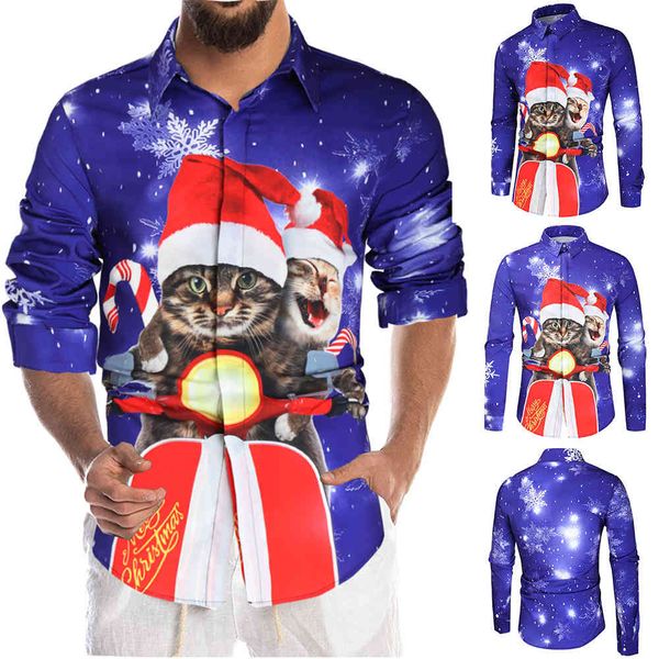 

boutique fashion shirt autumn and winter 2021 large men's long sleeve lapel casual cardigan christmas printed, White;black